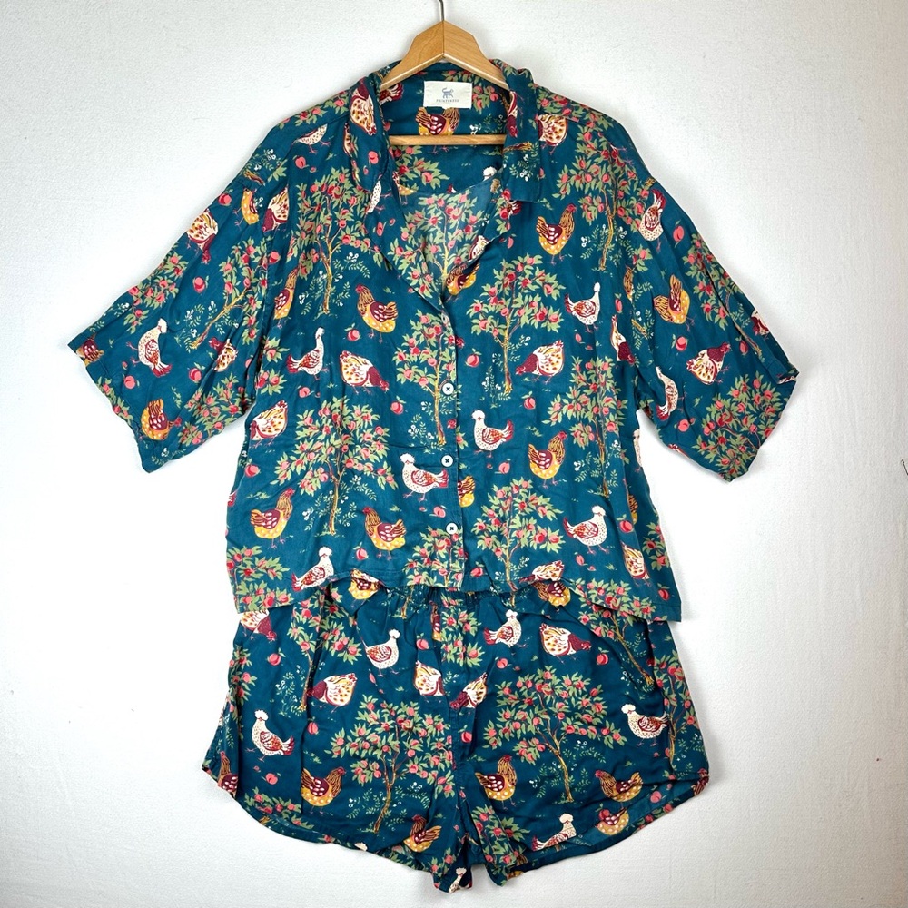 Printfresh Teal Floral & Hen Print Satin Short Pajama Set - Picture 2 of 16